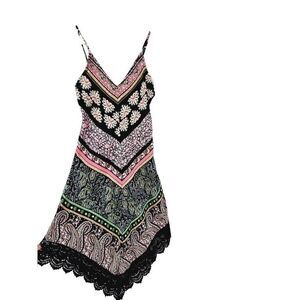 Crystal Doll Juniors Boho Slip Dress Crochet V Hem Midi Geometric Paisley S New